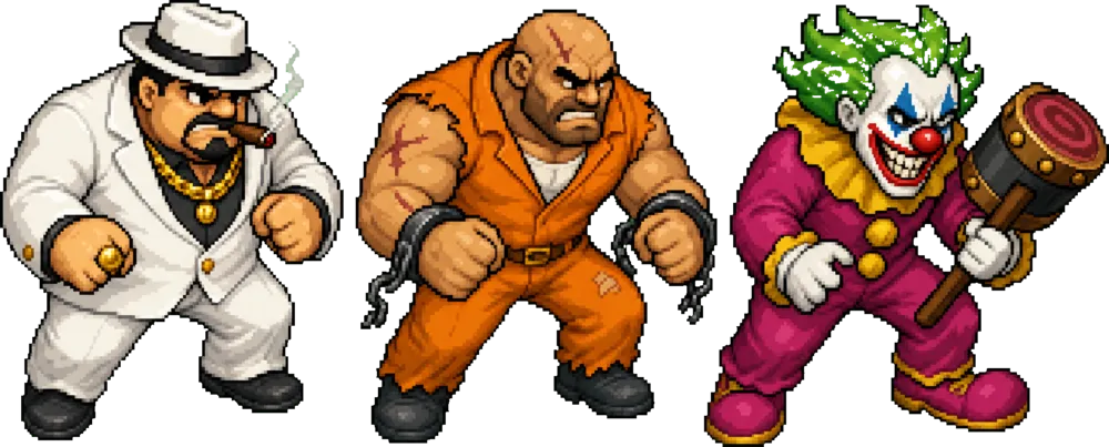 Les boss de Panik Town : le Kingpin, le Prisonnier X et le Clown fou